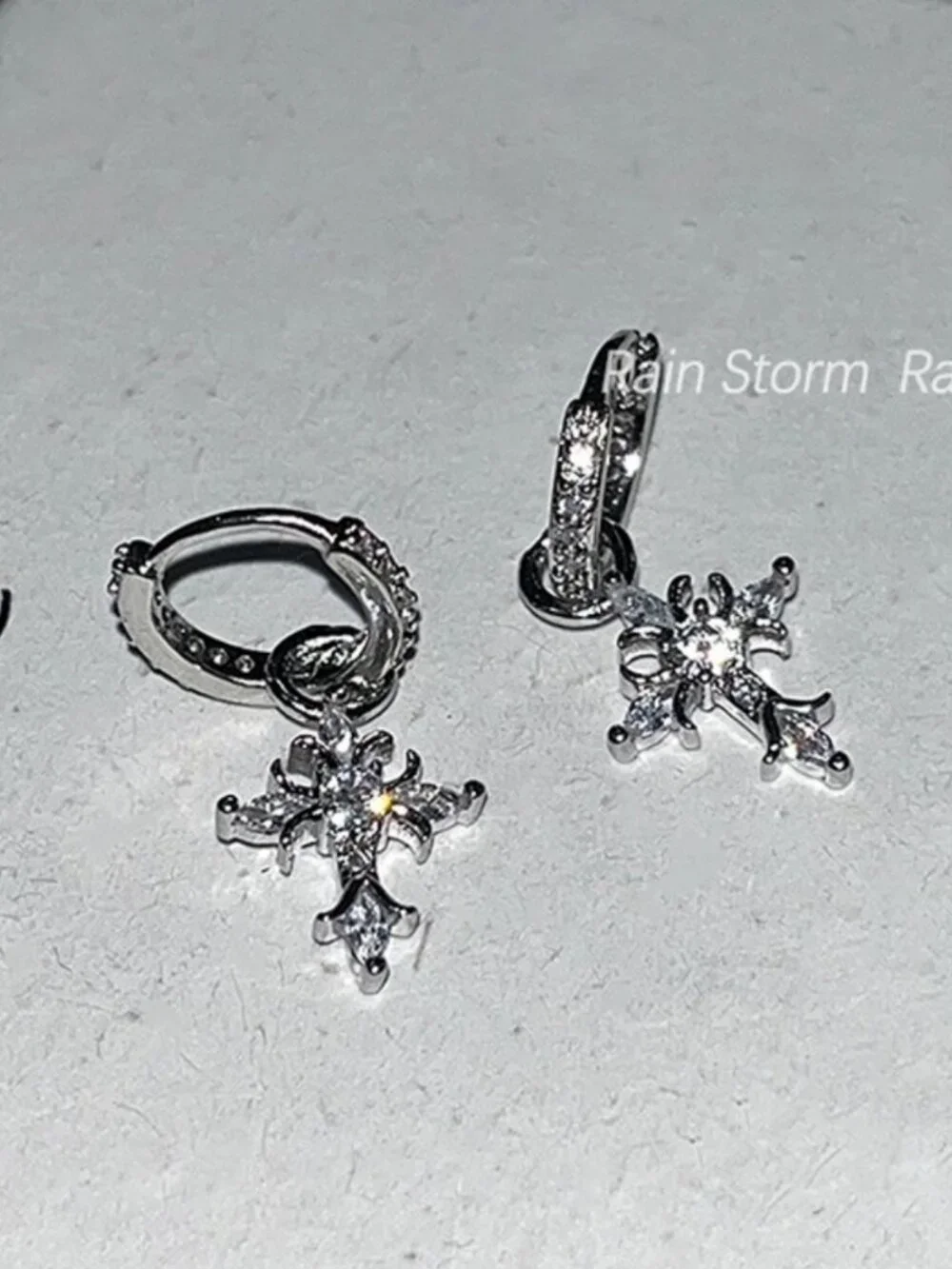 MOS COLLECTION Silver Cross Drop Hoop Earrings CZ Gothic Cross Dangle Earrings